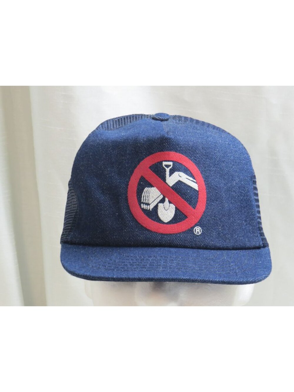 VTG 80s Dig Safe Call Before You Dig Denim Trucker Hat Snapback Mesh Promo USA
